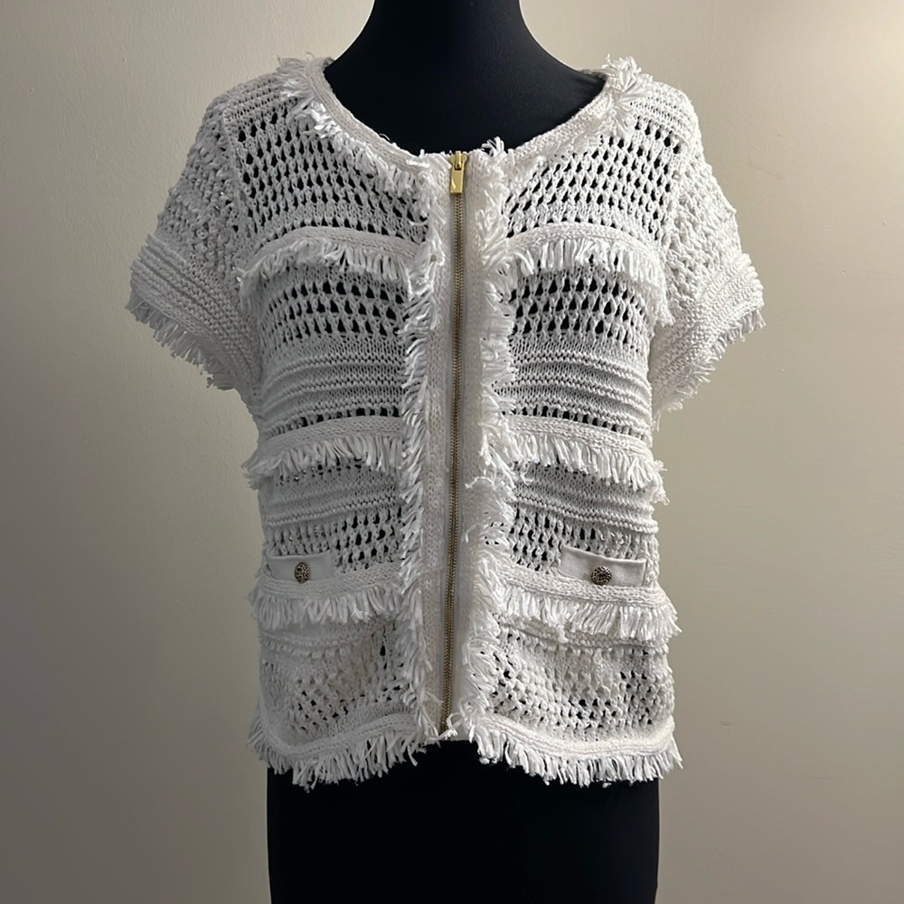 Cache Crochet White Fringe Short Sleeve Sweater